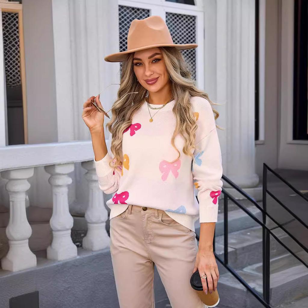 Осенне-зимний женский свитер с бантом, круглый вырез, длинный рукав, вязаный свитер