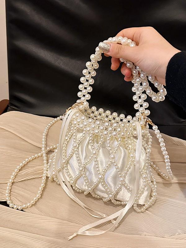 French Pearl Handbag: Elegant Women's Beaded Evening Bag, Large Capacity, Handmade Woven Shoulder Bag.