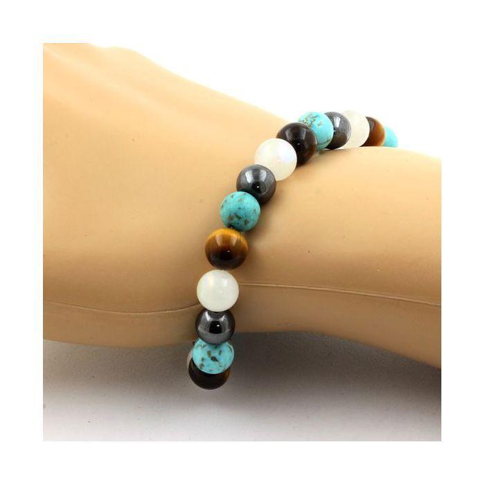 Камни и минералы. Браслет из бусин гематит + тигровый глаз + лунный камень + бирюза. Сделано во Франции.