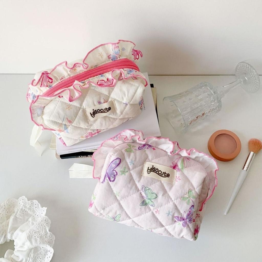 Кружевная косметичка с принтом бабочек, большой вместимости, кружевной пенал, милые сумки для хранения, для женщин