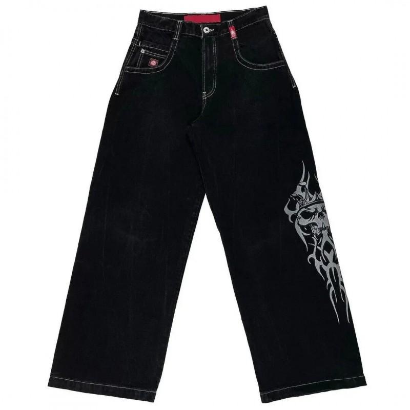 Mens Loose Fit Straight Leg Denim Jeans With Skull Print Hip Hop Harajuku Style Blue Washed Cotton