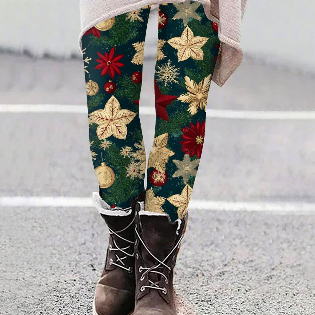 Women's Casual Christmas Tree Snowflake Print Slim Fit Elastic Yoga Pants Cropped Pants