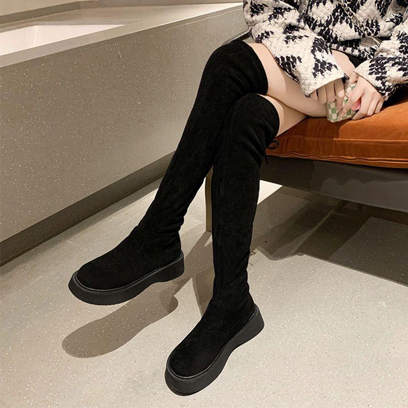 Shoes for Woman Above Over The Knee Women's Boots Round Toe Footwear Lace-up Thigh High with Laces Elastic Platform Spring 2024