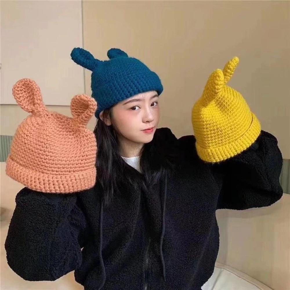 Crochet Winter Knitted Hat with Ears Knit Cap Creative Cartoon Skullies Beanie Men Women
