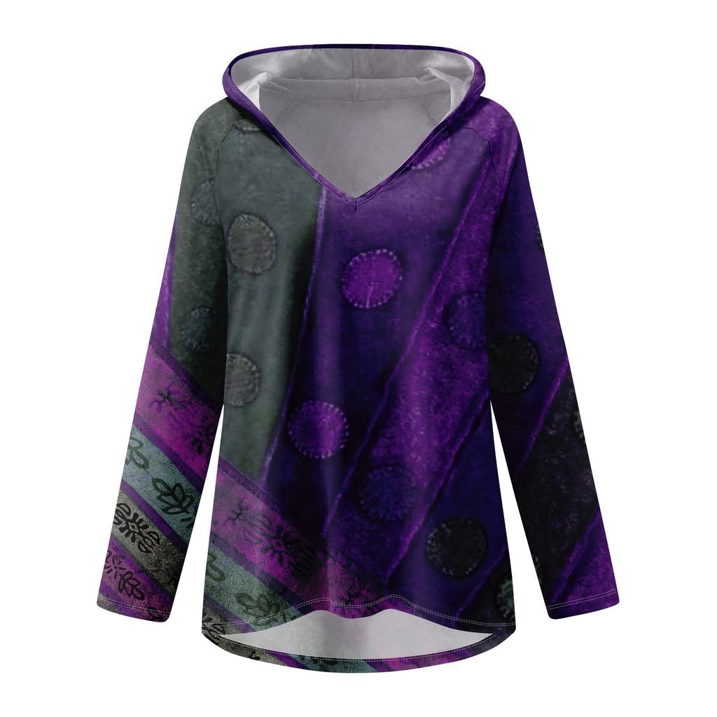 Women's V-neck Hooded Loose Long-sleeved Tops Casual Tops Home Leisure Pajamas Tops
