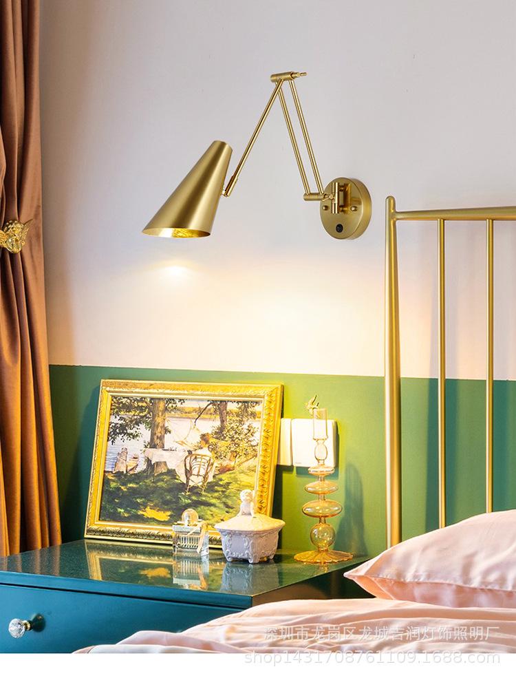 Скандинавский роскошный настенный прикроватный светильник с поворотным кронштейном, складным выдвижным светильником для чтения и выключателем