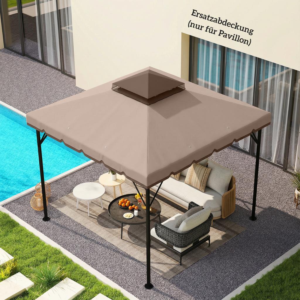 Replacement Roof for Gazebo 3x3m Water-Repellent Gazebo Roof with Double Roof Water Drainage Holes Khaki
