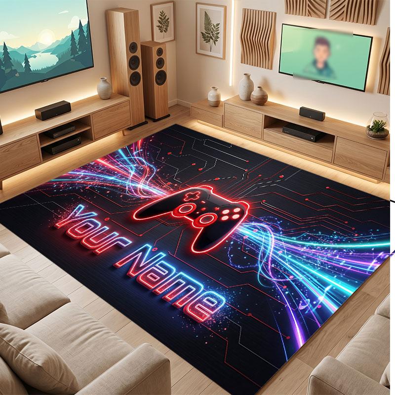 Game Controller Theme Crystal Velvet Floor Rug Personalized Custom Name Text Warm Carpet Home Decoration
