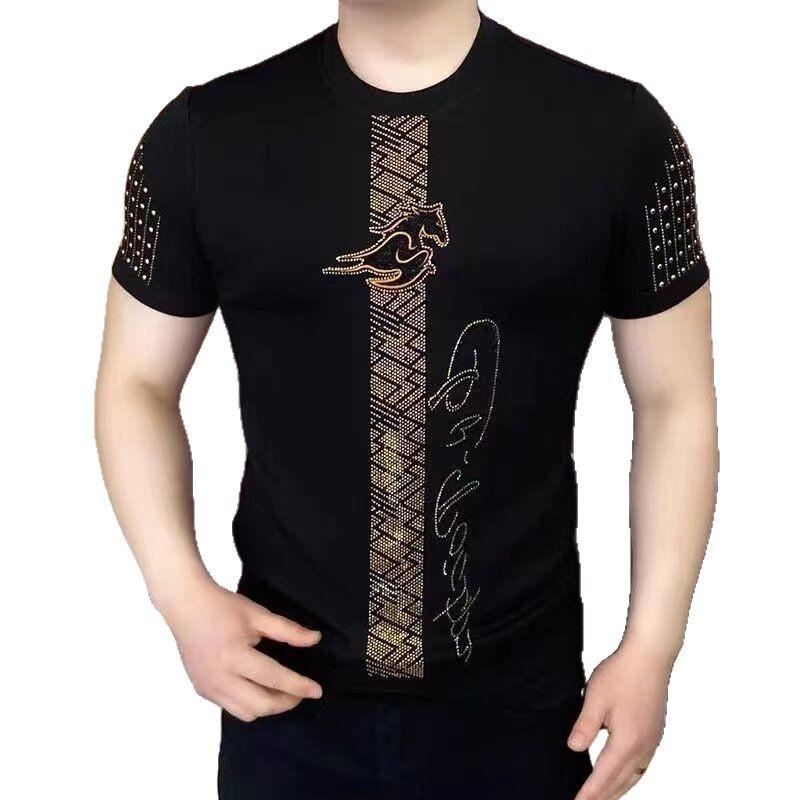 Роскошная футболка с короткими рукавами и стразами для мужчин, летняя, с круглым вырезом, облегающая, повседневная, социальная, уличная одежда, топы