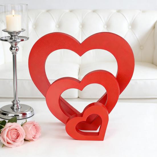 4 Pcs Wooden Heart Shape Table Signs Valentine's Day Red Pink Love Heart Tabletop Centerpiece for Home Wedding Party Tiered Tray Shelf Decor