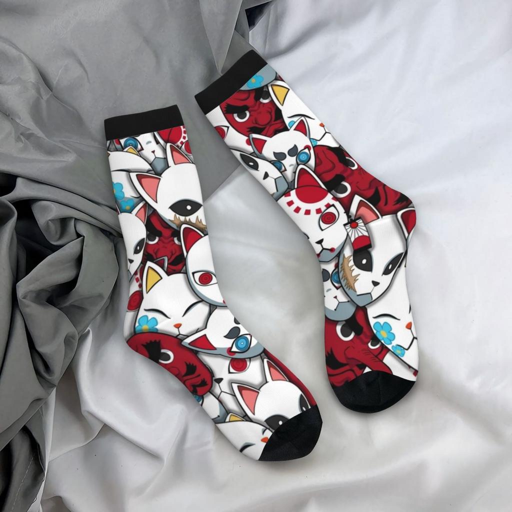 Носки с масками демонов, весенние чулки с принтом аниме, кавайные мужские носки высокого качества, графические велосипедные противоскользящие носки