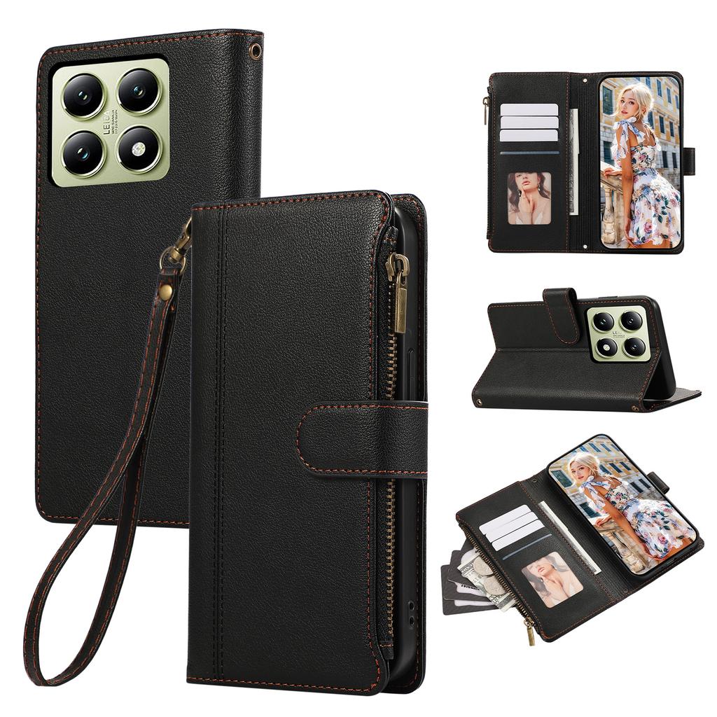 Чехол для Xiaomi 14T Pro, кожаный чехол для телефона на молнии с несколькими отделениями для карт и ремешком на запястье