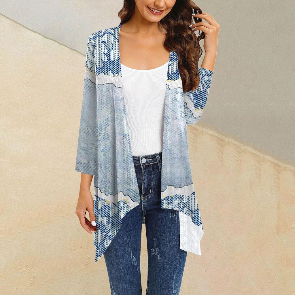 Женский кардиган неправильной формы с принтом, рукавами три четверти и карманной курткой
