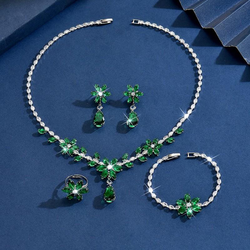 Elegant Floral Zircon Jewelry Set Women Green Blue Yellow Trio With Cross Chain Necklace Earrings Bracelet