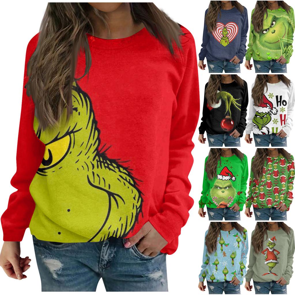 Women's Sweatshirts Casual Long Sleeve Christmas Print O-Neck Festive Tops Sports Pullover Tops