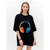 Oversized T Shirt Black Rainbow Headphones Print Casual Streetwear Fashion Top for Women and Men Music Lover Daily Wear