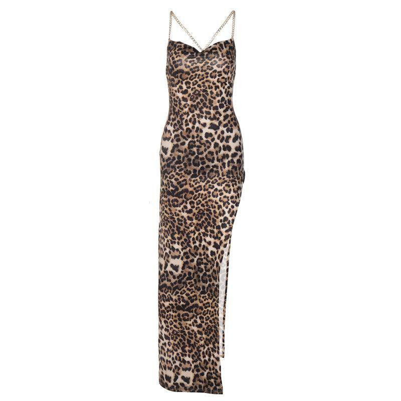 Fall Fashion New Arrival Chain Sexy Backless Slip Dress Asymmetrical High Slit Fashion Leopard Print Dress Women