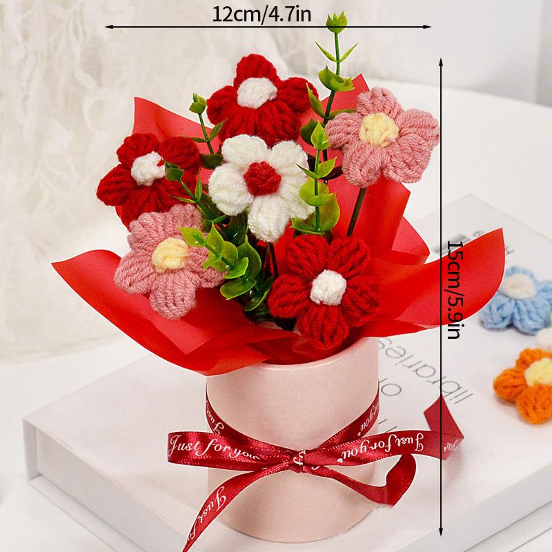 Valentine'S Day Mini Bouquet Artificial Rose Flowers Handmade Crochet Flower Bouquet Christmas Wedding Party Gifts Home Decor