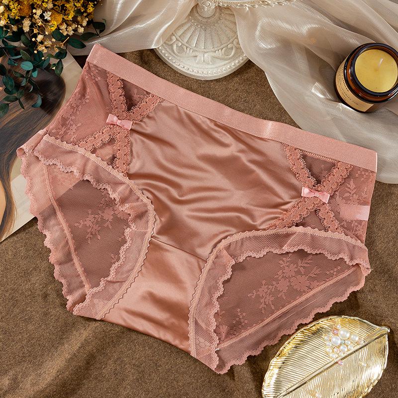 Satin Lace Mesh Court-Style Plus Size Mid-High Waist Triangle Panties for Women