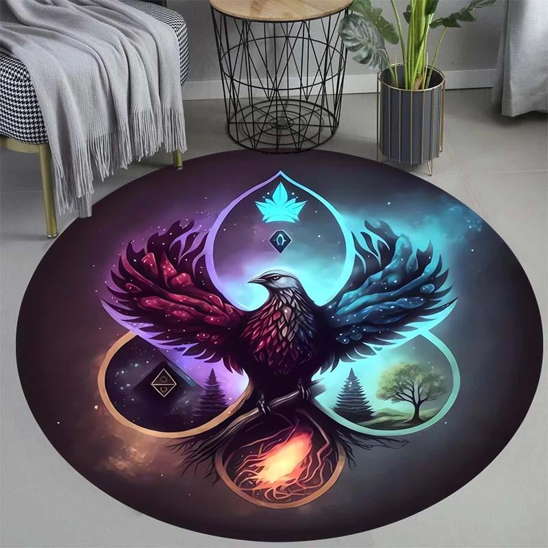 Mystical Crow Elemental Symbols Round Rug Flannel Esoteric Magic Floor Mat for Meditation Room Spiritual Decor Area Carpet