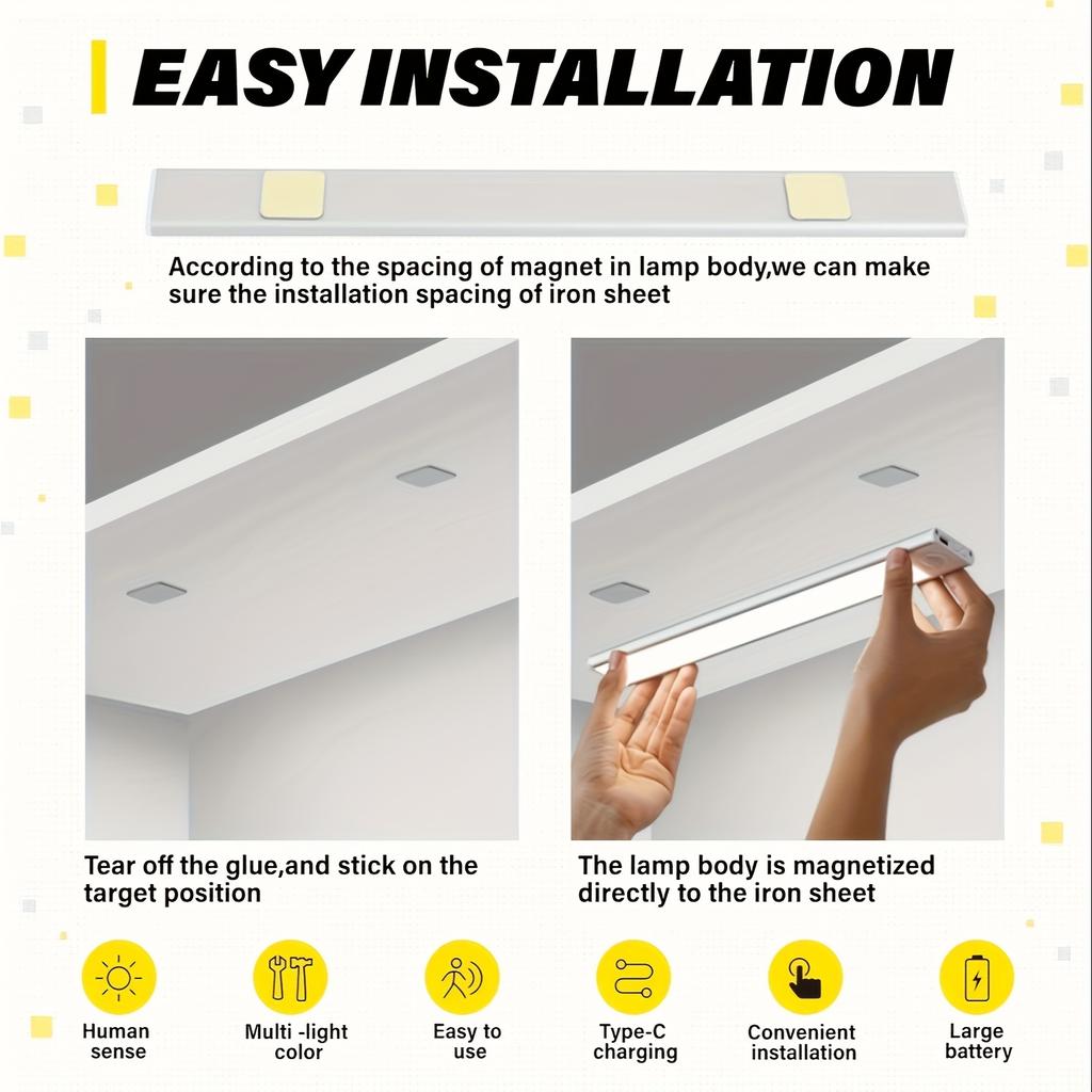 2 шт. Датчик движения подсветка под шкафом, 3 цветовых температуры беспроводной USB перезаряжаемый ночник, внутреннее освещение шкафа, наклеивается в любом месте