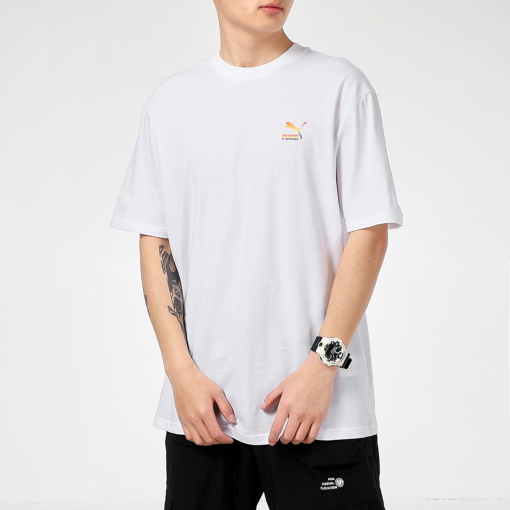 Puma Printed Colorful Logo Sport Round Neck Short Sleeve Drop Shoulder T-Shirt Men Tops White 534095-02