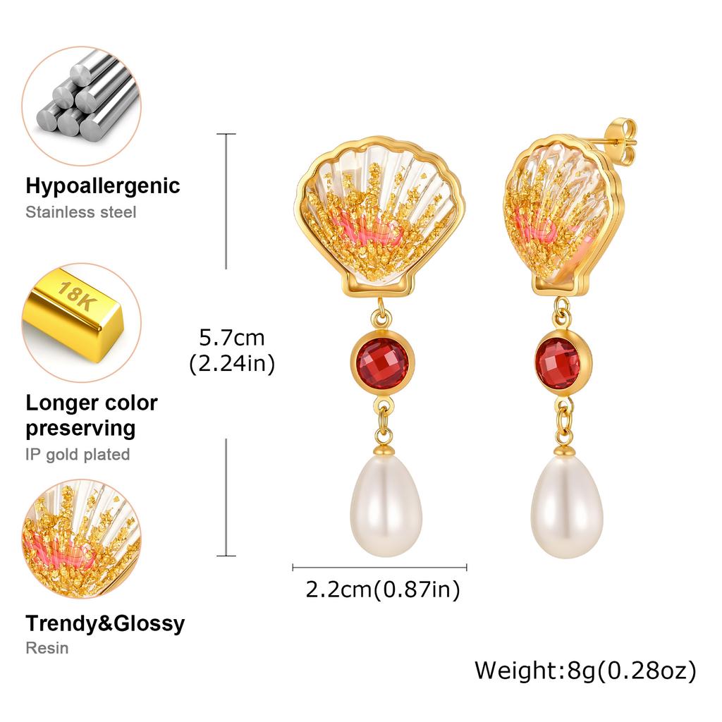 Xiaomi Vnox Ocean Resin Shell Teardrop Imitation Pearl Dangle Earring for Women, Gold Plated Zircon Drop Earrings Boho Vacation Jewelry