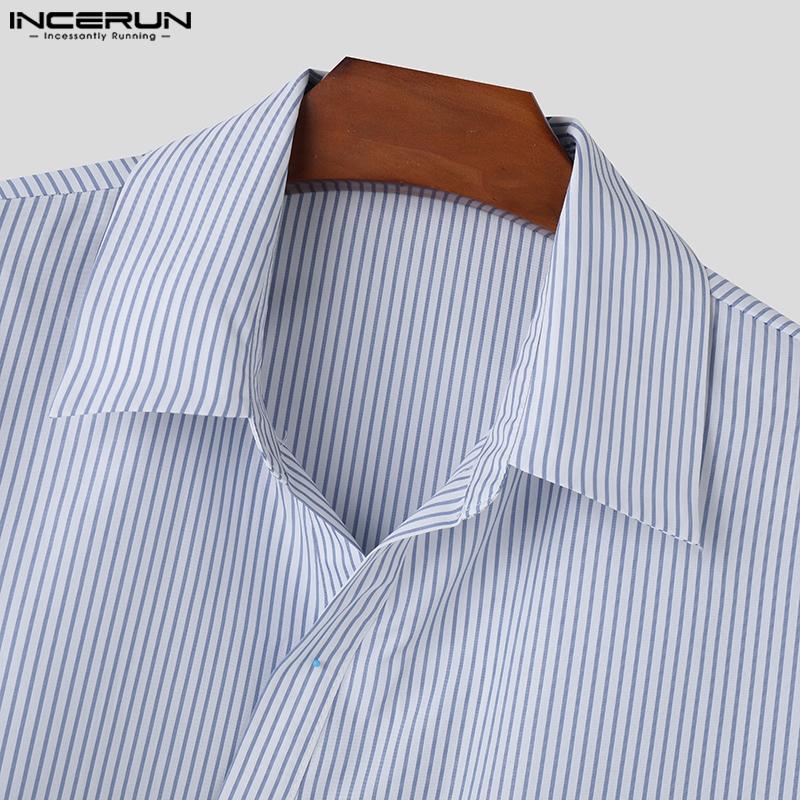INCERUN Men Lapel Striped Front Cross Long Sleeve Shirts Loose Casual Tops