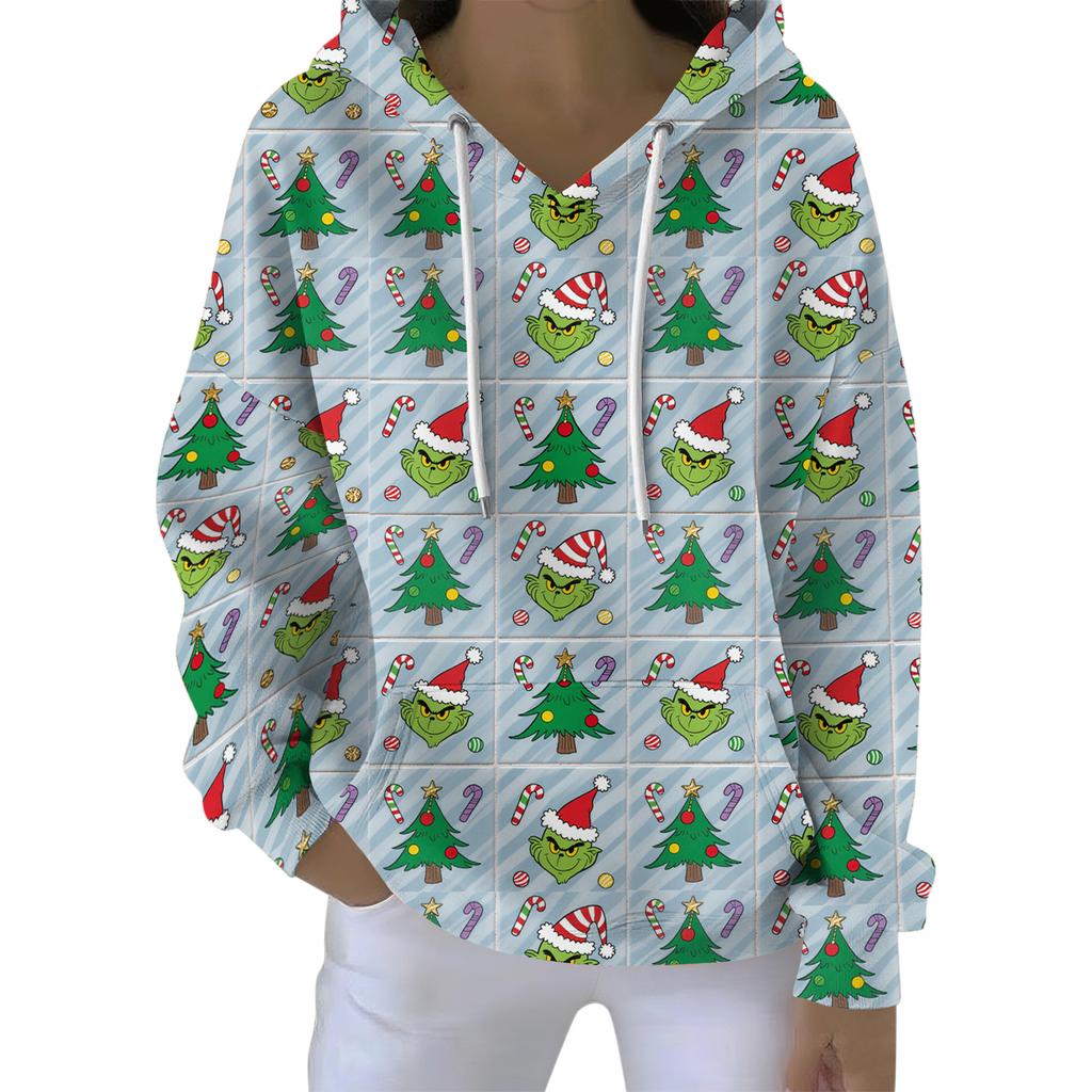 Ladies' Loose And Comfortable Drawstring V-neck Long Sleeved Christmas Printed Sweatshirt