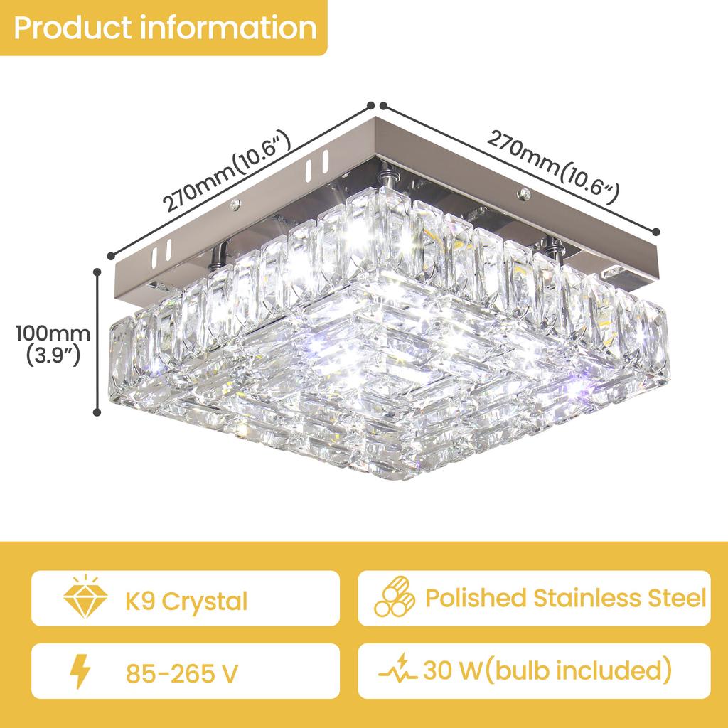 Modern Square Crystal Chandelier LED Small Chandeliers Flush Mount Ceiling Light Fixtures for Bedroom Hallway Foyer 6000K