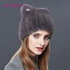 SOMALER Natural Mink Fur Hat ForWomen Cute Cat Ear ThickWinter Hat Female Fashion Fur Knitted Beanie
