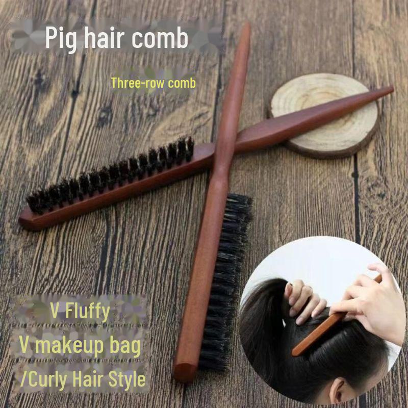 Wooden Long-Handled Pig Bristle Comb for Styling and Curling Hair