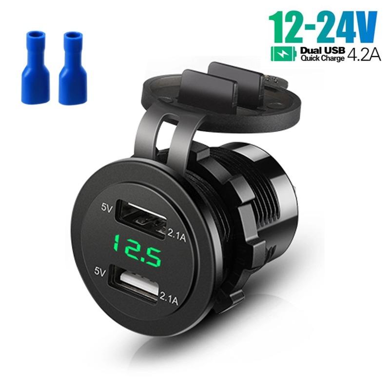 Двойной USB 4.2A для автомобиля, лодки, мотоцикла, трактора, прикуривателя, модифицированное автомобильное зарядное устройство, быстрая зарядка с дисплеем напряжения, зеленый свет 12-24 В, универсальное