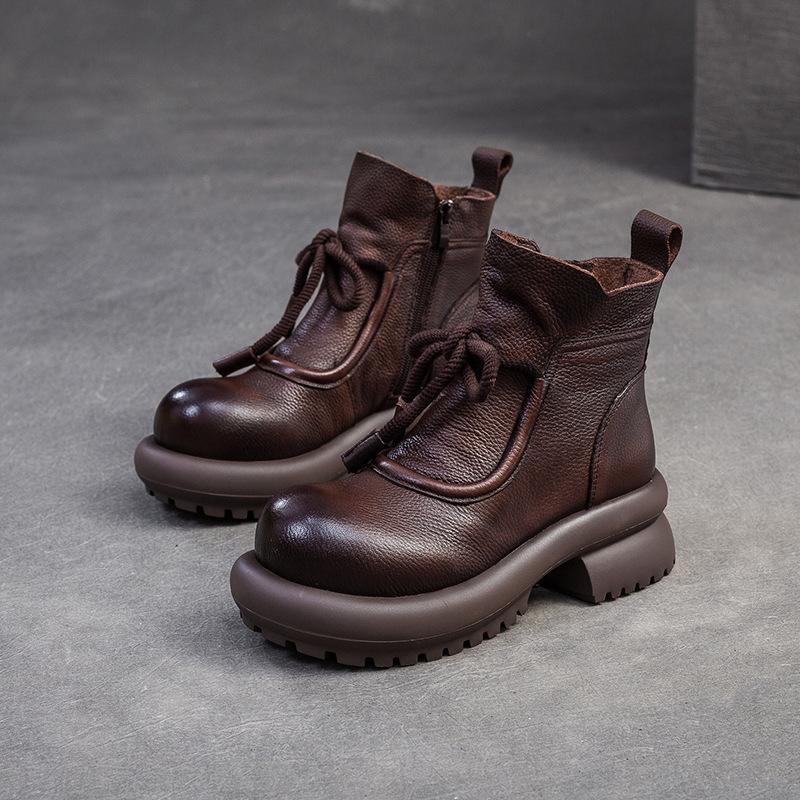 GKTINOO 2024 Зима Новые Универсальные Женские Ботинки Ретро Натуральная Кожа Круглый Носок Толстая Подошва Короткие Сапоги