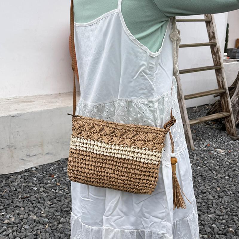 Yogodlns Женская летняя пляжная сумка через плечо с выемкой, большая вместимость, плетеная соломенная дорожная сумка с регулируемым ремешком, сумка через плечо