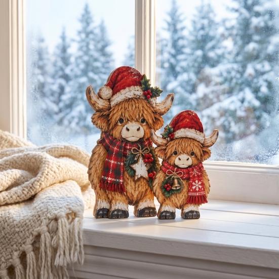 Highland Cattle Lovers Gifts 2Pcs Christmas Cow Figurine, Cute Statue with Santa Hat Wooden Tabletop Decor Scarf, Rustic Wood for Mantel, Window Sill,