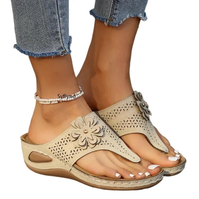 Women's Retro Flower Wedge Sandals Summer Beach Non Slip Platform Flip Flops Woman Comfortable Clip Toe Outdoor Slippers Slides
