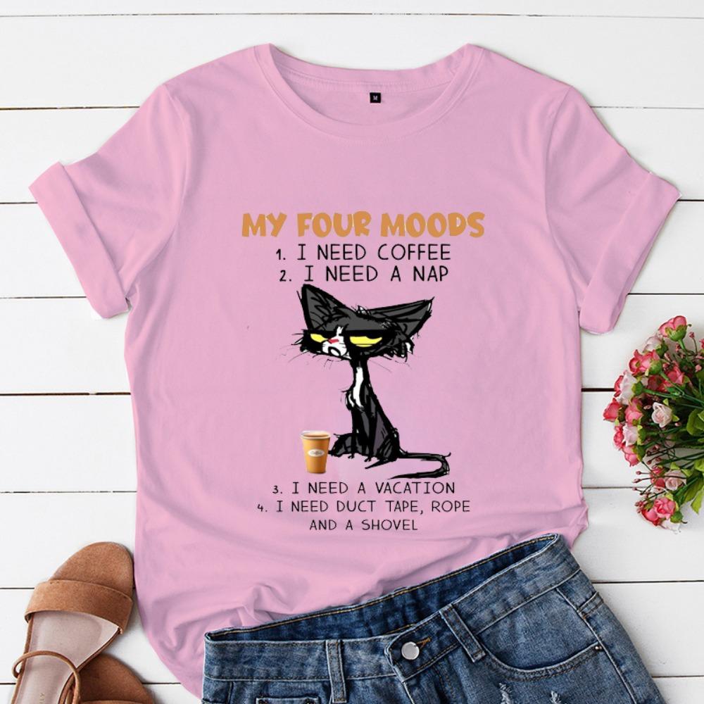 My Four Moods Lazy Cat Anime Tops Short Sleeves Women's T-shirts Tops Cute Coffee Black Sleepy Cat Women Tops Y2k Short Sleeves