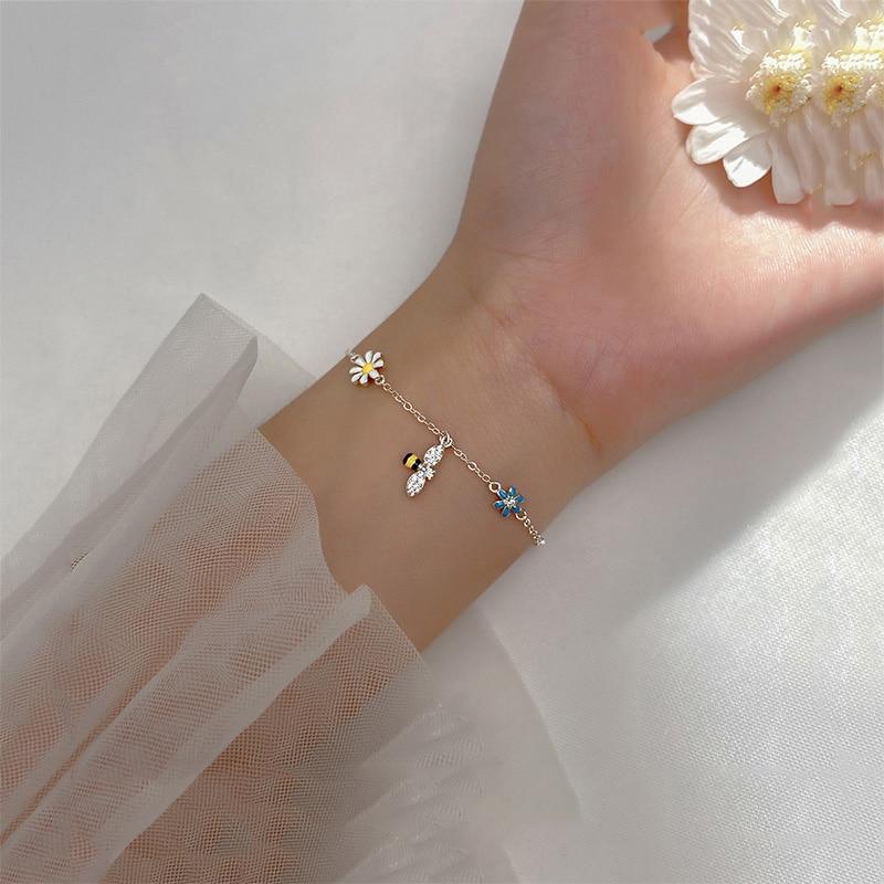 Real 925 Sterling Silver Zicon Flower Bee Bracelet For Fashion Women Party Cute Fine Jewelry Minimalist Accessories
