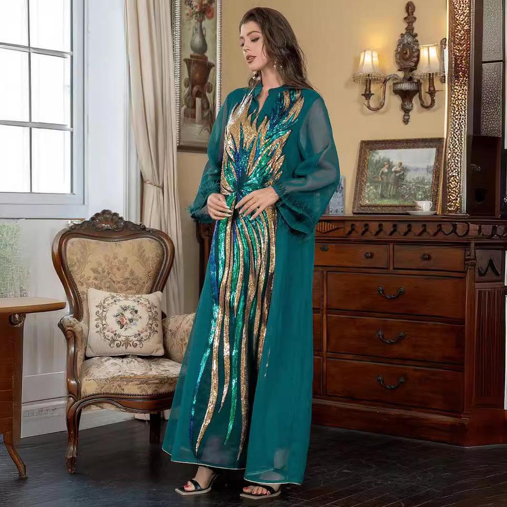 SW008 Мусульманская абайя с V-образным вырезом и длинными рукавами, украшенная страусиными перьями и пайетками