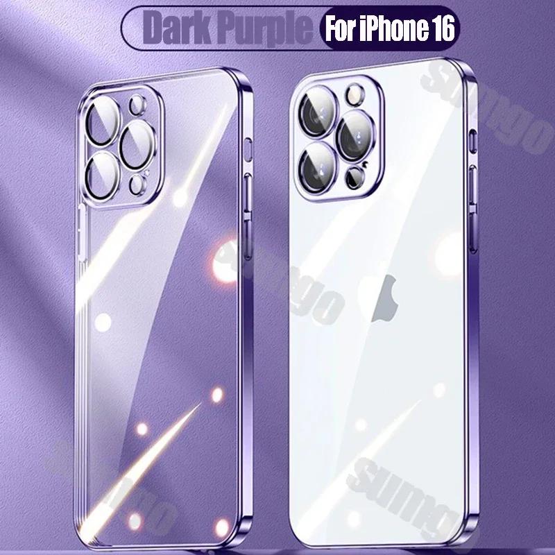 Silicone High Quality Plating Transparent Case For iPhone 16 15 14 13 12 11 Pro Max 16 Plus Lens Protector Shockproof Soft Cover