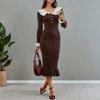 Women Fashion  Knitted Retro Elegant Ruffled Dress Slim Ruffle Edge Long Dress Gown Slim Knitwear Women  Robes