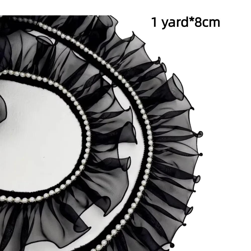 Новое 8 см Широкое Кружево с Бисерной Рюшей DIY Черная Плиссированная Ткань с Рюшами Органза Жемчужное Кружево Аксессуары Платье Юбка Воротник Край