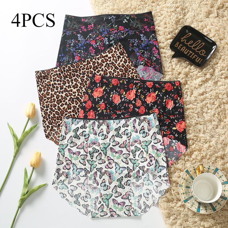 Printed Seamless High Waisted Underwear for Women Made Silk Waist Cinching Hip Lifting Design Large Size Summer Thin Cotton Crotch Triangle Panties