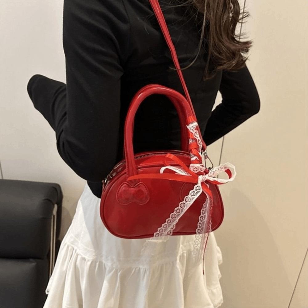Pu Leather Bow Crossbody Bag Y2k Commute Handbag Trendy Lace Ribbons Boston Bag Female