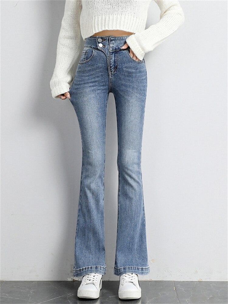 2022 Autumn Winter High Waist Fashion Leisure Simple Comfortable Jeans For Women  Trumpet Pant Retro Elastic Style Denim Trouser