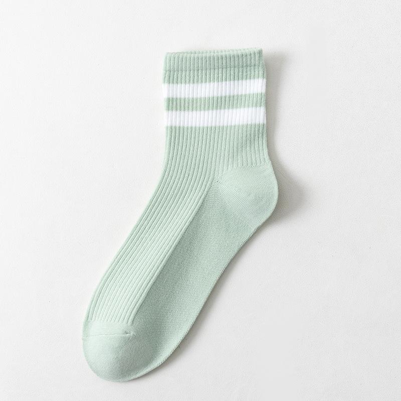 Women's Solid-color Cotton Socks, Mid-calf Socks, Breathable, Antibacterial, Deodorizing Striped, Versatile Sports Women's Socks