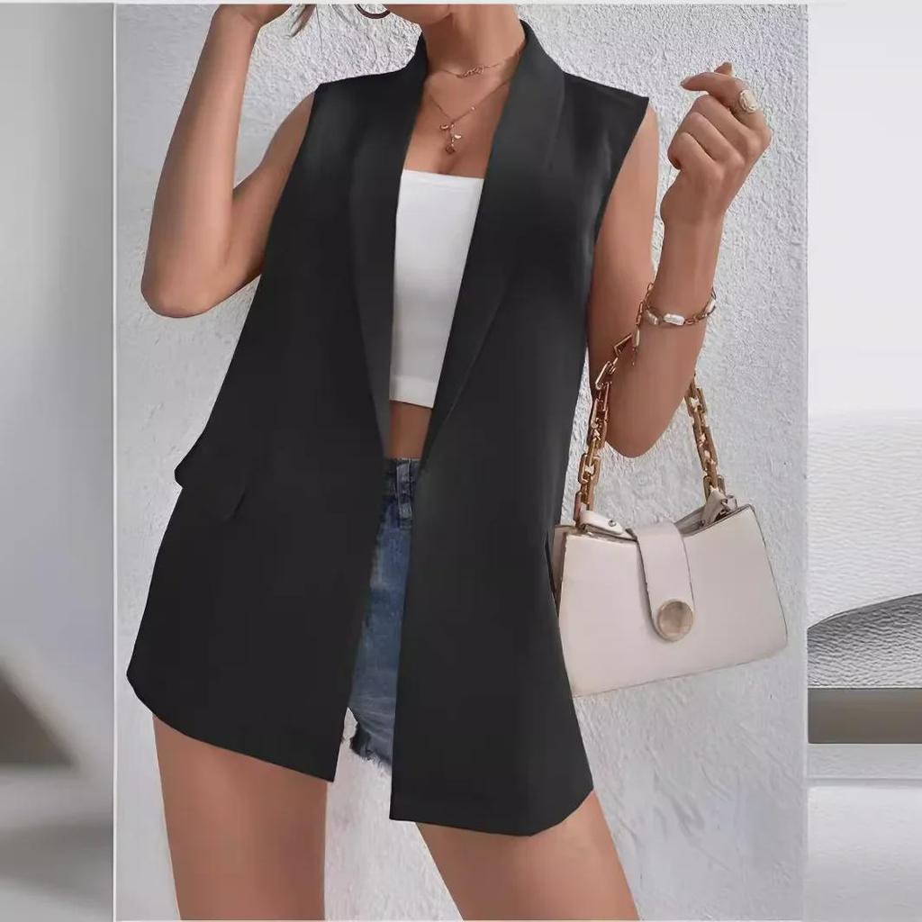 Женский жилет средней длины без рукавов 2024 года — европейский и американский стиль, для повседневных поездок на работу, без воротника.