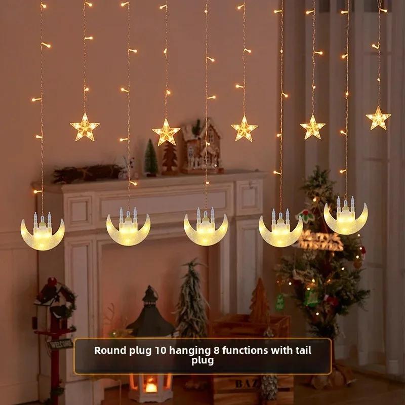 Гирлянда из светодиодных лампочек в виде замка с луной для Рамадана, для празднования Ид Мубарак, исламский праздничный декор окон, создание уютной атмосферы в доме.