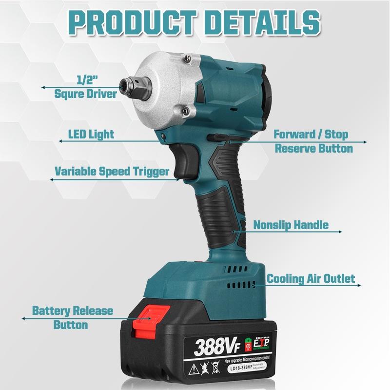 800N.M Brushless Cordless Rechargeable Electric Impact Wrench 1/2 Inch Wrench Compatible for Makita Battery